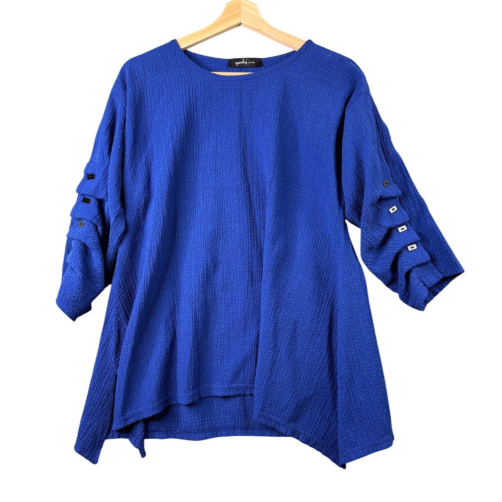 Yushi Royal Blue Textured Crinkle Tunic Blouse Ruched 3/4 Sleeve Lagenlook Top